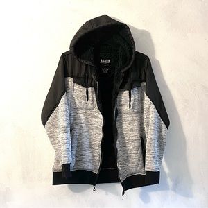 Rerun Men's Grey and Black Sherpa Lined Hooded Jacket : Medium